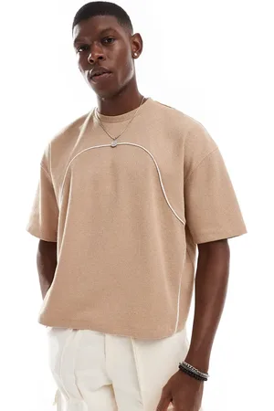 ASOS Oversized boxy T-shirt in waffle with piping in beige