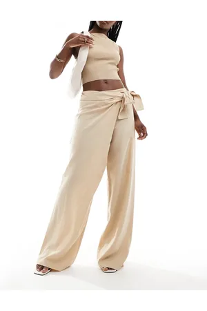 MANGO Wrap front linen mix pants in beige