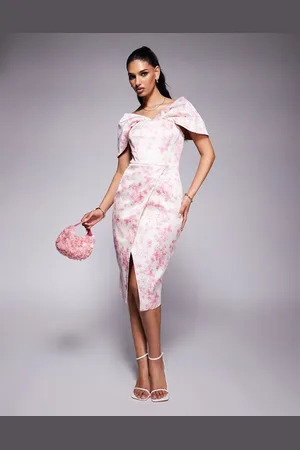 Lavish Alice Draped bardot bonded satin midi dress in fuchsia porcelain print