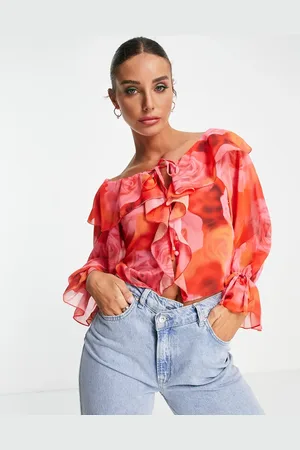 ASOS Ruffle front blouse with tie in blurred rose print