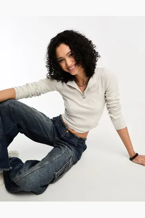COLLUSION Button rib long sleeve top in oatmeal heather