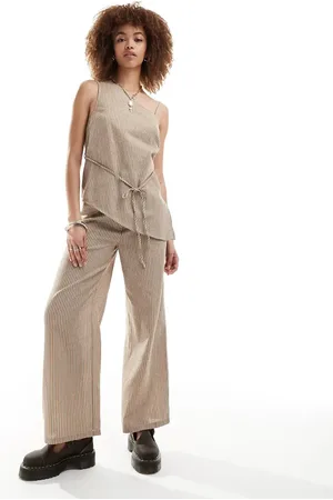 Reclaimed Tunic top with cross over ties in linen look beige pinstripe - part of a set