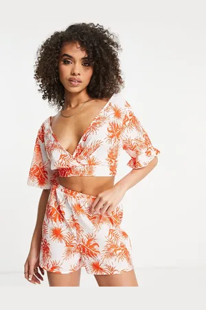 Parisian Flutter sleeve crop top in orange tropical floral - part of a set