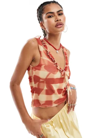 Reclaimed Mesh tie front top in printed plaid and floral