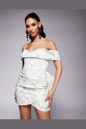 Lavish Alice Off shoulder lace up mini dress in print