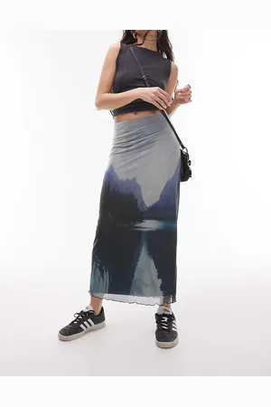 Topshop Scenic print mesh midi skirt in