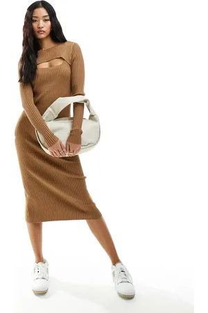 ONLY Peekaboo detail ribbed midi dress in
