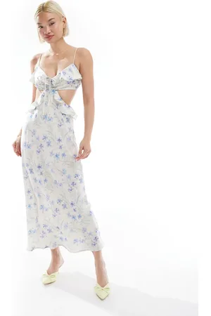 Love Triangle Cut-out frill maxi dress in blue floral