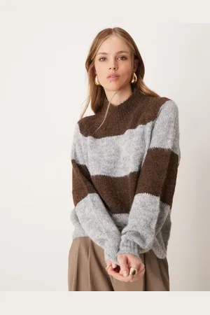 JDY High neck stripe sweater in brown &