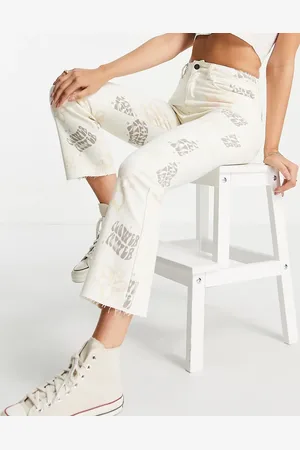 Stradivarius Retro print straight leg jean with raw hem in ecru