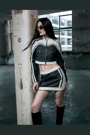 Murci Leather look mini skirt in with cream trim - part of a set