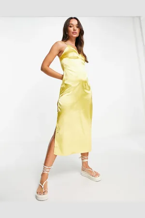 Urban Threads Satin cami strap midi slip dress in lemon