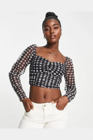 Gilli Ruched puff sleeve crop top in plaid