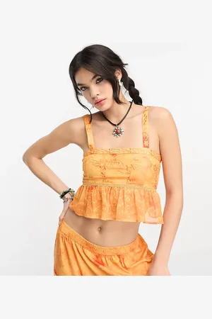 Reclaimed Frill hem top with eyelet detail in washed orange - part of a set