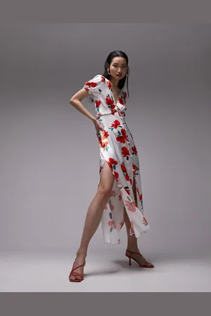 Topshop V neck flutter sleeve printed maxi dress with in poppy print