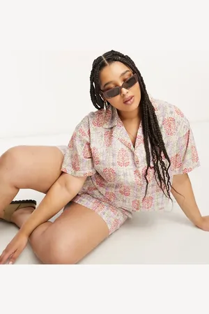 Reclaimed Plus crop shirt in check floral print - part of a set