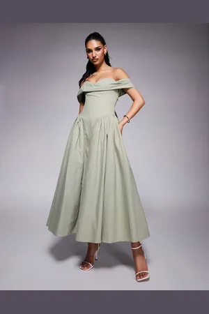 Lavish Alice Off shoulder lace up cotton sun dress in sage