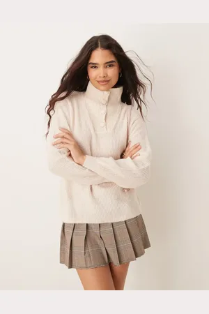 JDY Button detail high neck knit sweater in stone