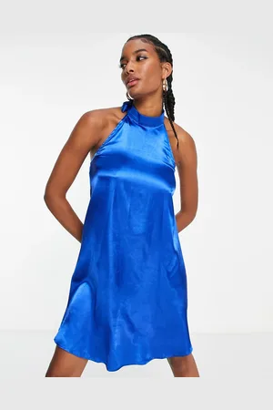 Urban Threads Satin high neck mini dress in cobalt