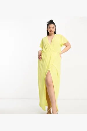 TFNC Bridesmaid chiffon wrap front maxi dress with flutter sleeve in lemon