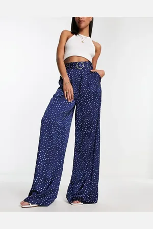 MANGO Wide leg high rise polka dot tailored pants in dark blue