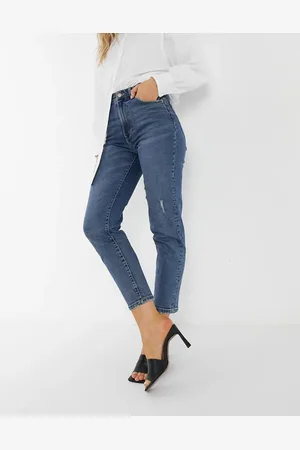 Stradivarius Cotton slim mom jeans in medium wash - MBLUE