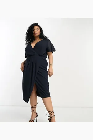 TFNC Bridesmaid chiffon wrap front midi dress with flutter sleeve in