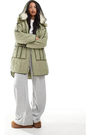 SCALPERS Pipping Puffer Coat In Light Khaki