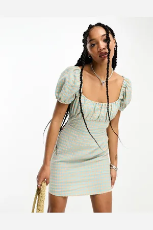 ONLY Seersucker open-back milkmaid mini dress in and cream gingham
