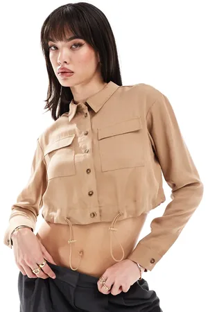 ASOS Soft crop shirt with drawstring in camel