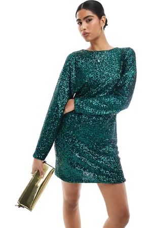 French Connection Sequin mini dress with bow back in forest