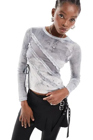 COLLUSION Applique trim long sleeve slash neck top in