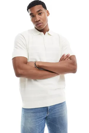 Threadbare Knit striped polo in ecru