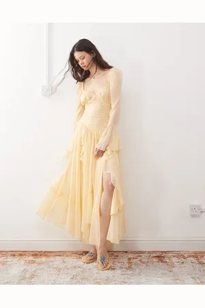 Reclaimed Maxi dress with long sleeves and ruffles in butter yellow