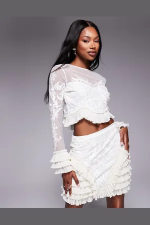 ASOS Embroidered long sleeve top with ruffle detail in cream - part of a set