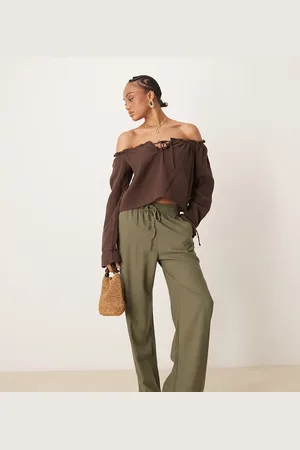 JDY Wide leg linen mix pants in khaki