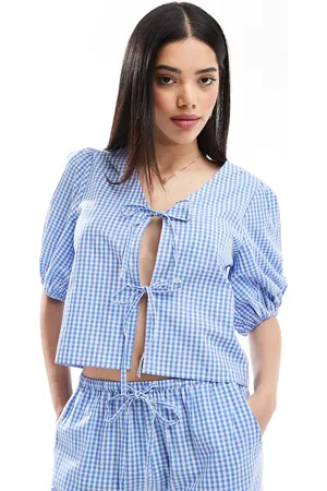 Esmée Esmee Exclusive tie front puff sleeve beach top in blue and white gingham