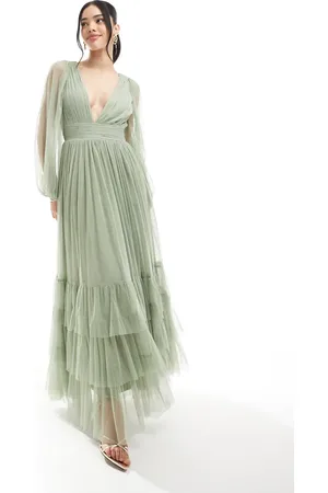 Lace & Beads Bridesmaid Madison long sleeve maxi dress in dusty sage