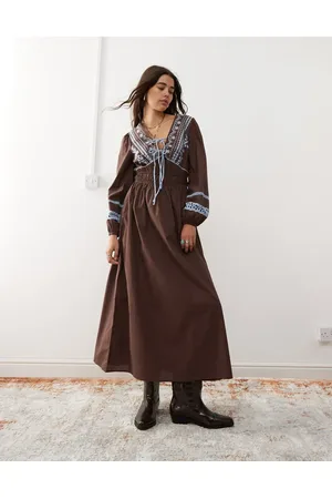 Reclaimed Midi smock dress in with contrast powder blue embroidery