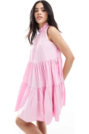 French Connection High neck tiered poplin mini dress in