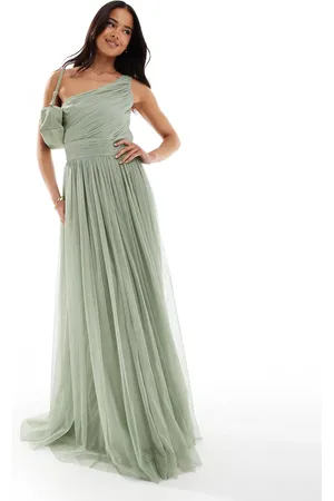 Lace & Beads Bridesmaid one shoulder maxi dress in dusty sage