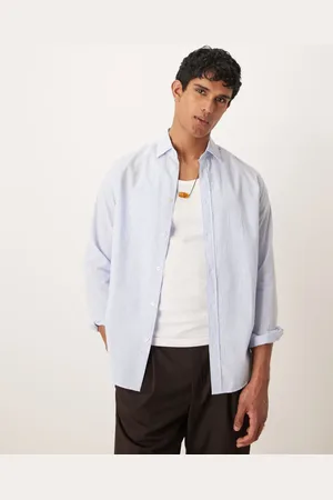 MANGO Seersucker striped long sleeve shirt in blue and