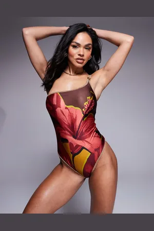 River Island One-shoulder flower swimsuit in