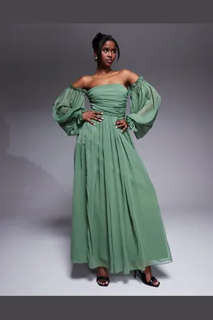 Lace & Beads Off shoulder balloon sleeve maxi dress in olive