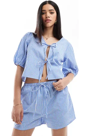 Esmée Exclusive drawstring beach shorts in blue and white gingham
