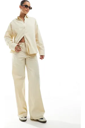 Pull&Bear Tie waist wide leg pants in cream - part of a set