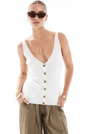 French Connection V-neck ribbed button up tank top in
