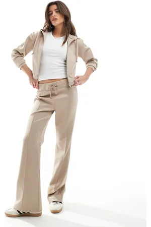 Miss Selfridge Soft touch ribbed seam detail flare pants in camel