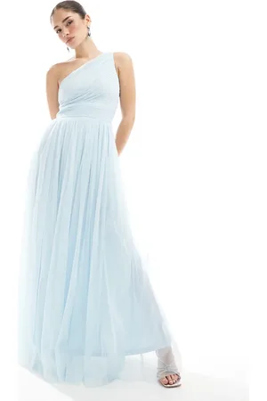Lace & Beads Bridesmaid one shoulder maxi dress in powder