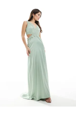 TFNC Bridesmaid satin maxi dress with scalloped lace detail in sage